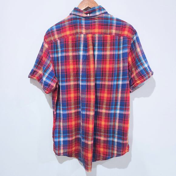 Tommy Hilfiger Mens Linen Red Blue Plaid Custom Fit Button Up Shirt Size Large - Picture 5 of 10
